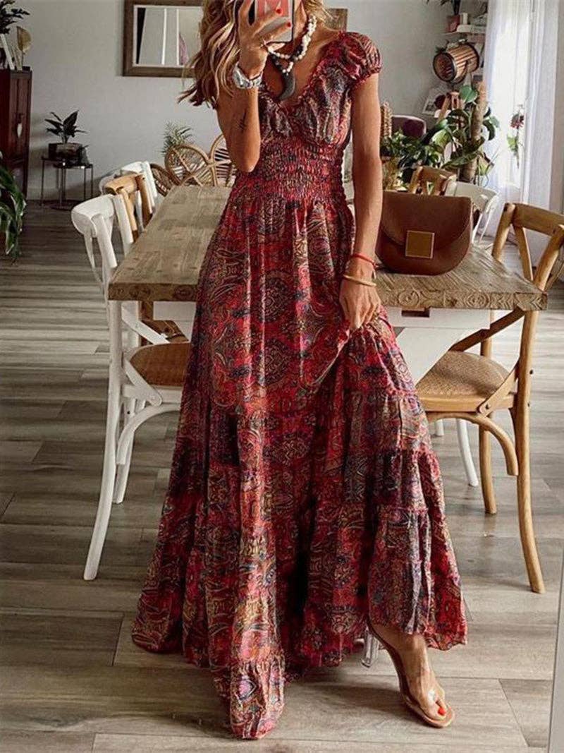 Boho Smocked Maxi Dress: RED