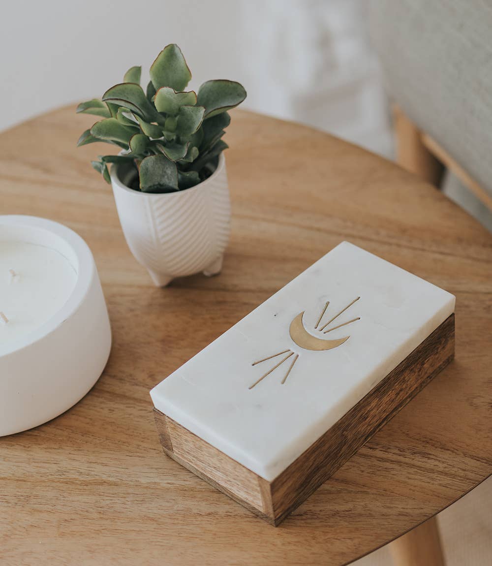 Indukala Treasure Box - Marble, Mango Wood, Crescent Moon