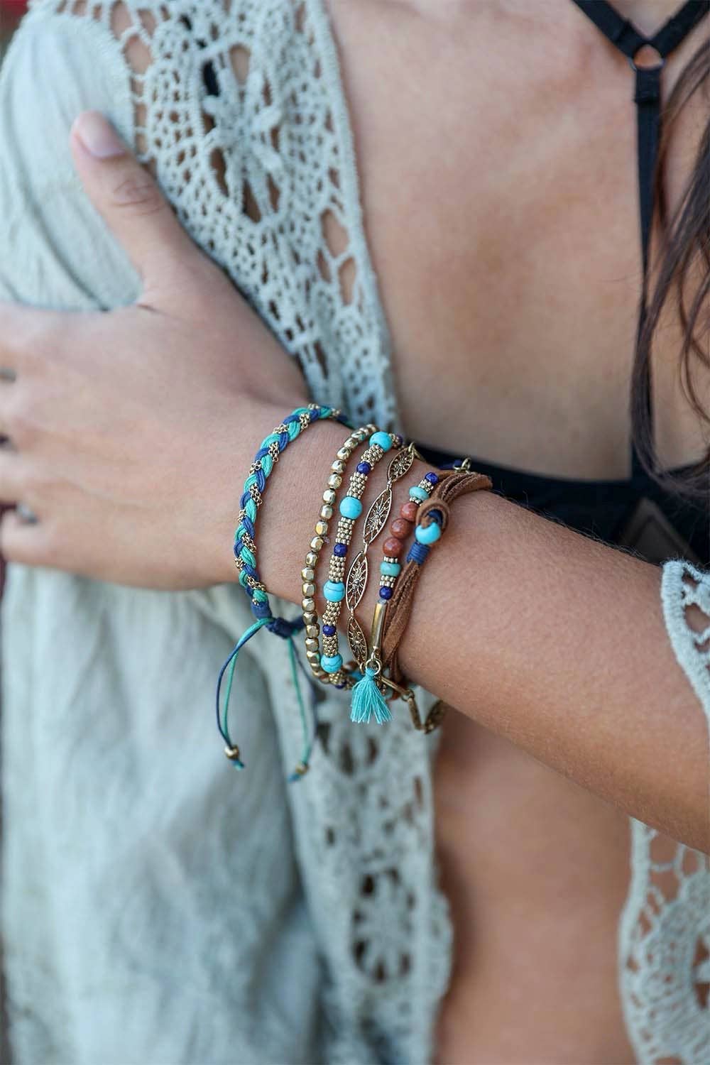 Turquoise Stackable Suede Bracelet - Beads & Natural Stone: Turquoise