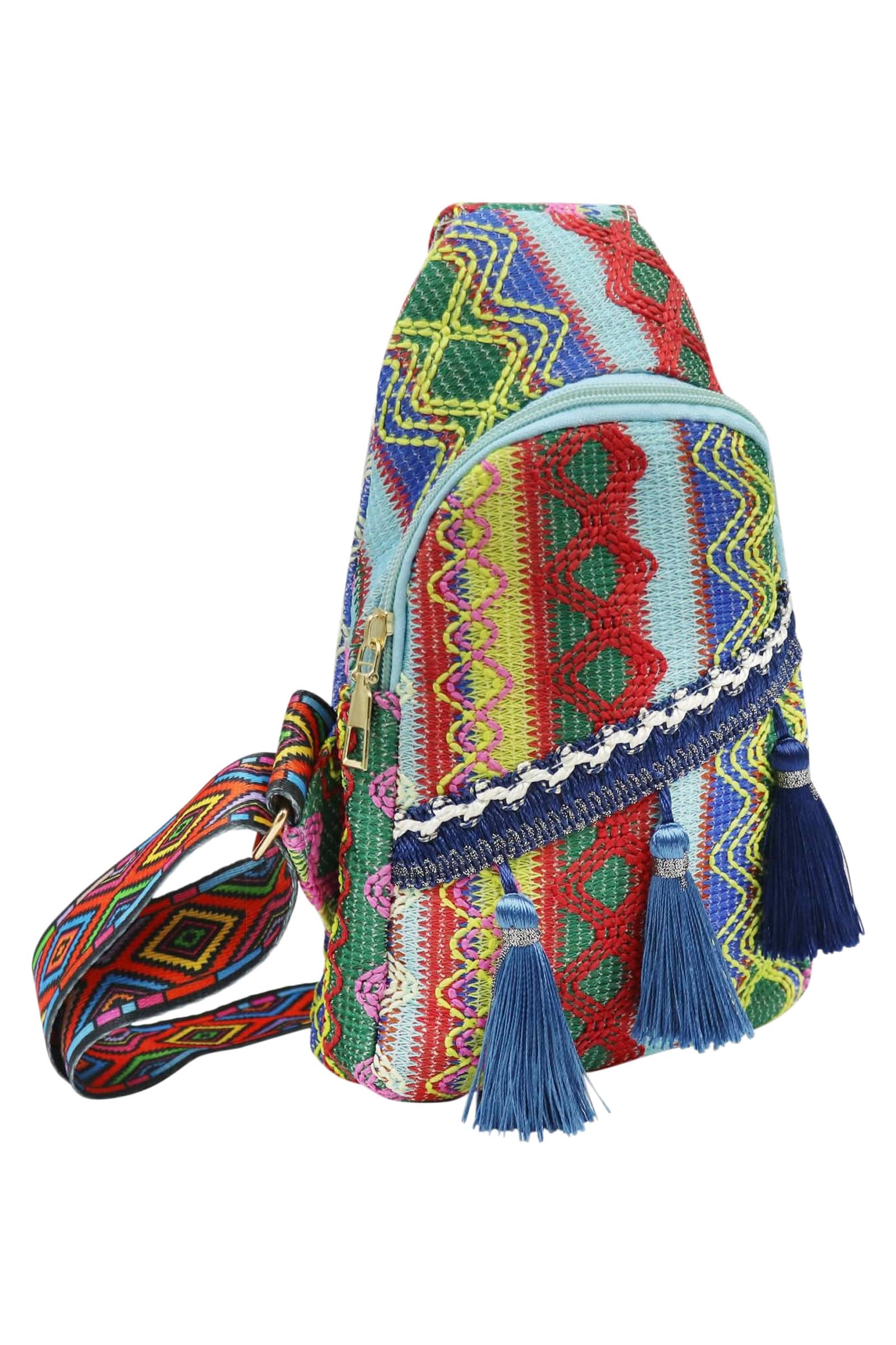 Boho Navajo Baja Tribal Woven Tassel Sling Bag - Assorted
