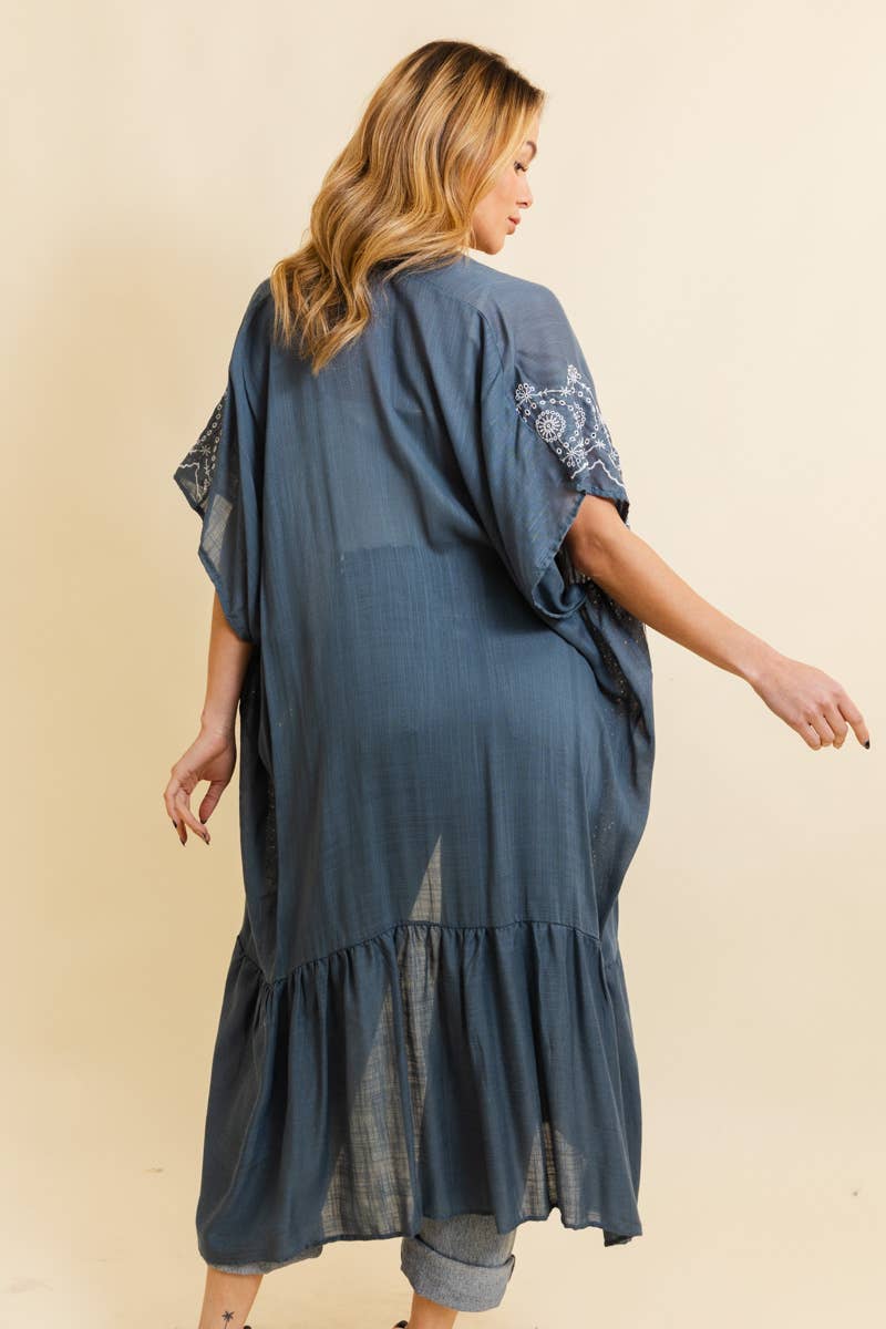 Boho Tribal Embroidered Longline Kimono: Gray/Blue