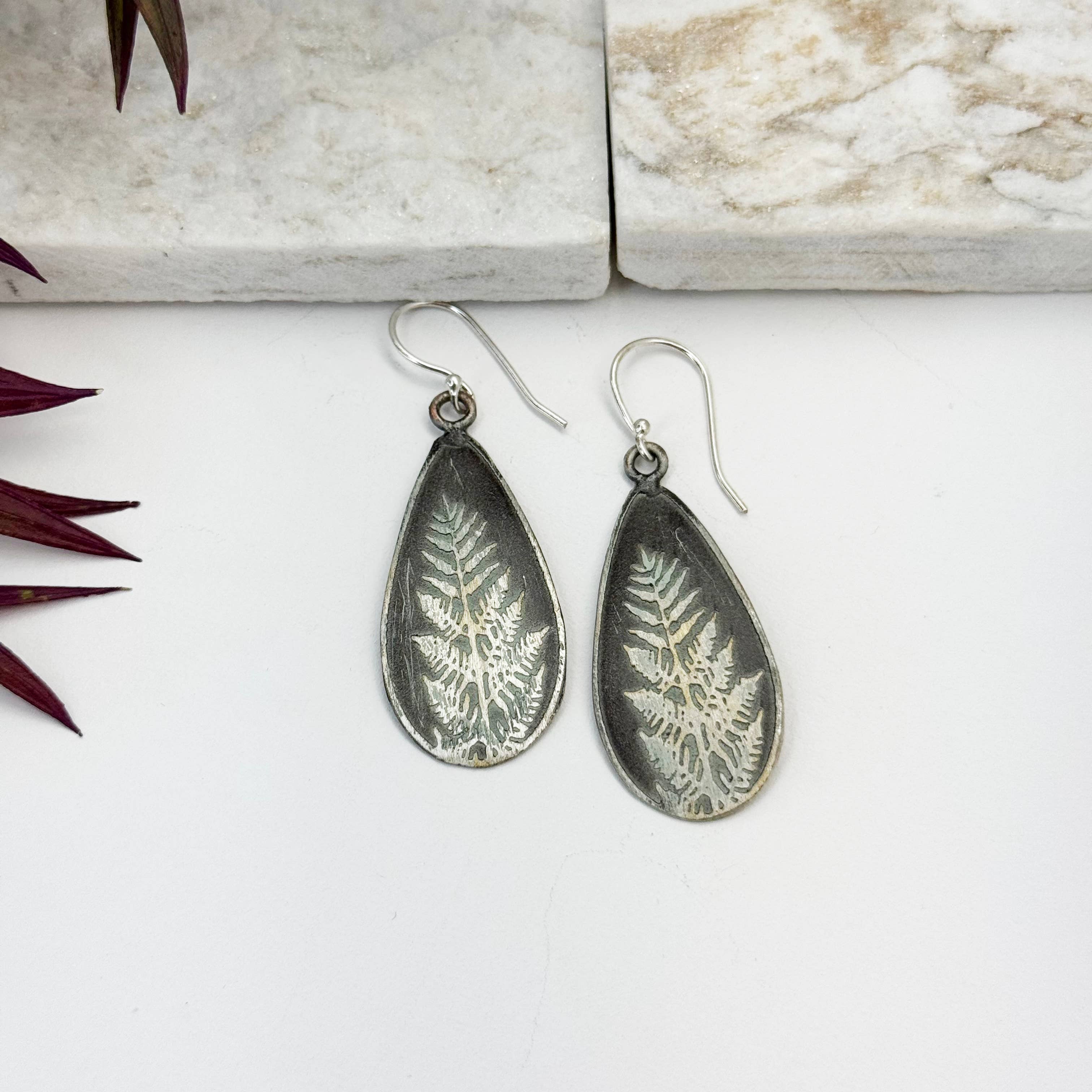 Handcrafted Silver Patina Silver Fern Earrings