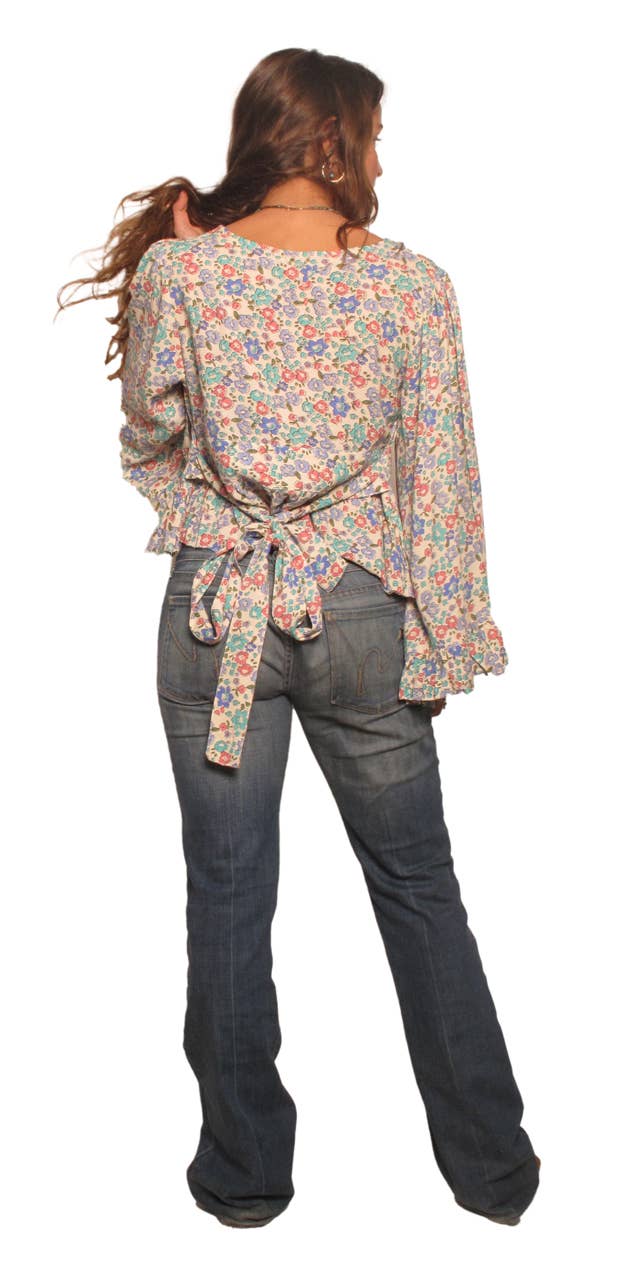 Assorted Print Belle Sleeve Tie Back Blouse