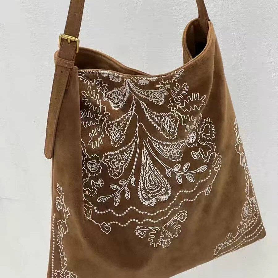 Boho Embroidered Large Capacity Shoulder Bag: Brown