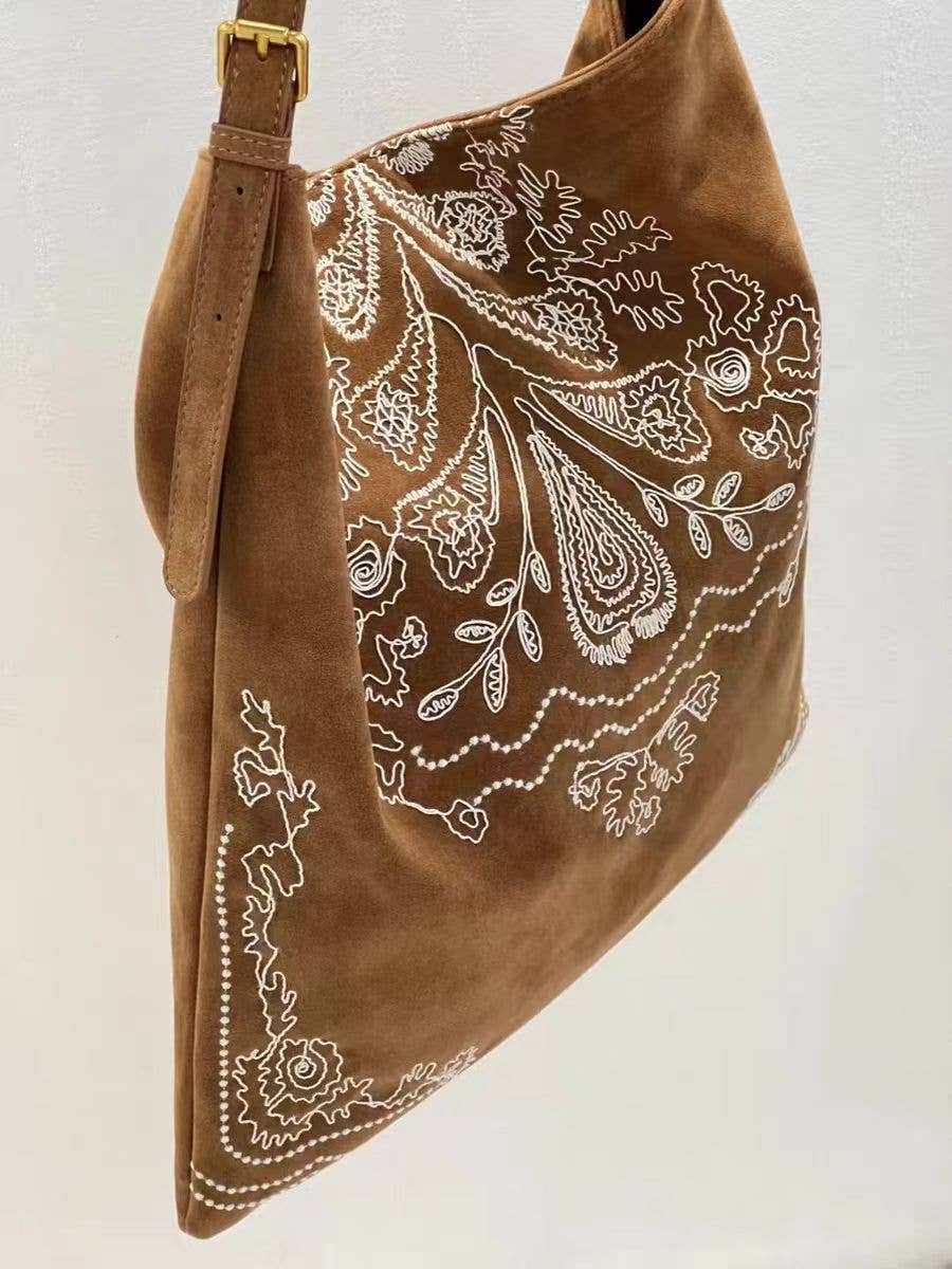 Boho Embroidered Large Capacity Shoulder Bag: Brown