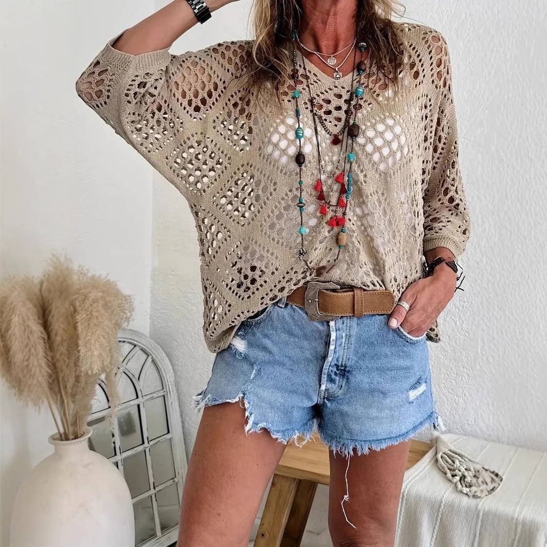 Knit V-Neck Diamond Cut-Out Batsleeves Blouse - Khaki