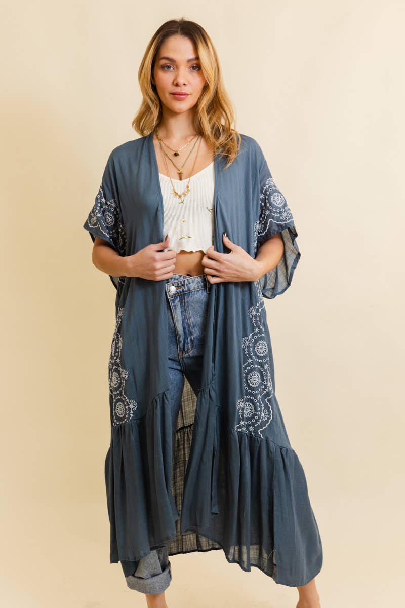 Boho Tribal Embroidered Longline Kimono: Gray/Blue
