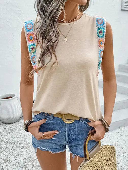 Boho Embroidered Strap Sleeveless Tank Top for Summer: Apricot