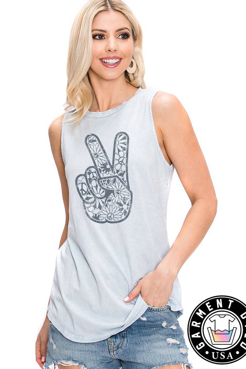 PEACE AND LOVE SIGN GRAPHIC MINERAL TANK TOP: Mineral Lt Blue