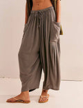 Solid Color String Elastic Waist Loose Pants: Khaki