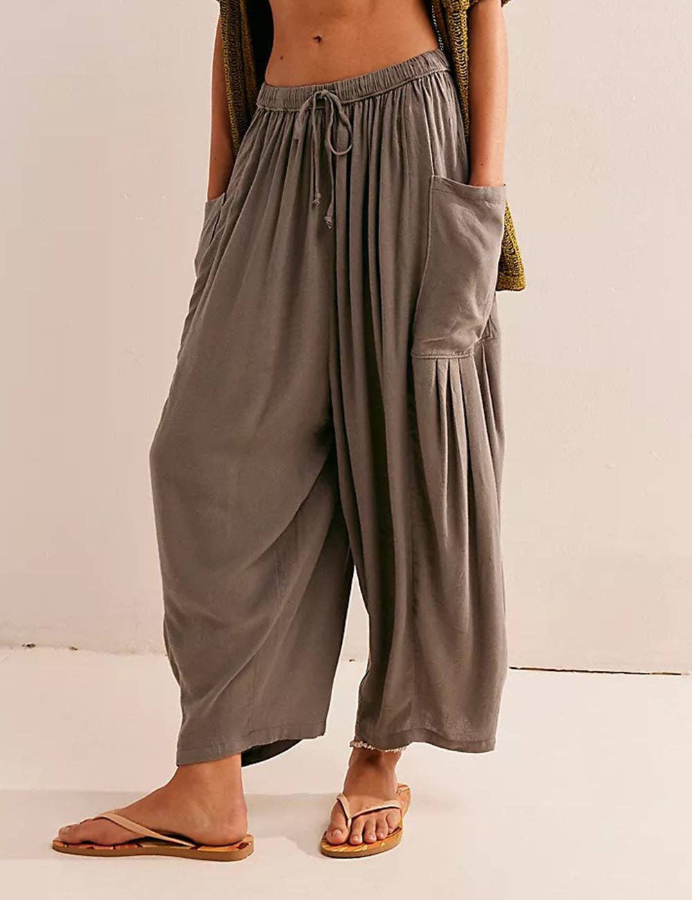 Solid Color String Elastic Waist Loose Pants: Khaki