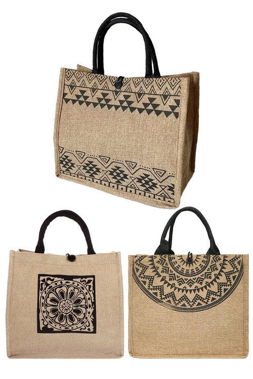 Assorted Boho Tribal Print Burlap Box Tote Beach Bag