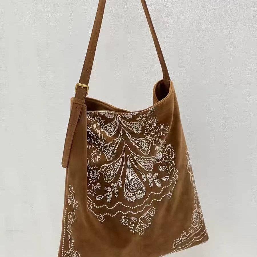 Boho Embroidered Large Capacity Shoulder Bag: Brown