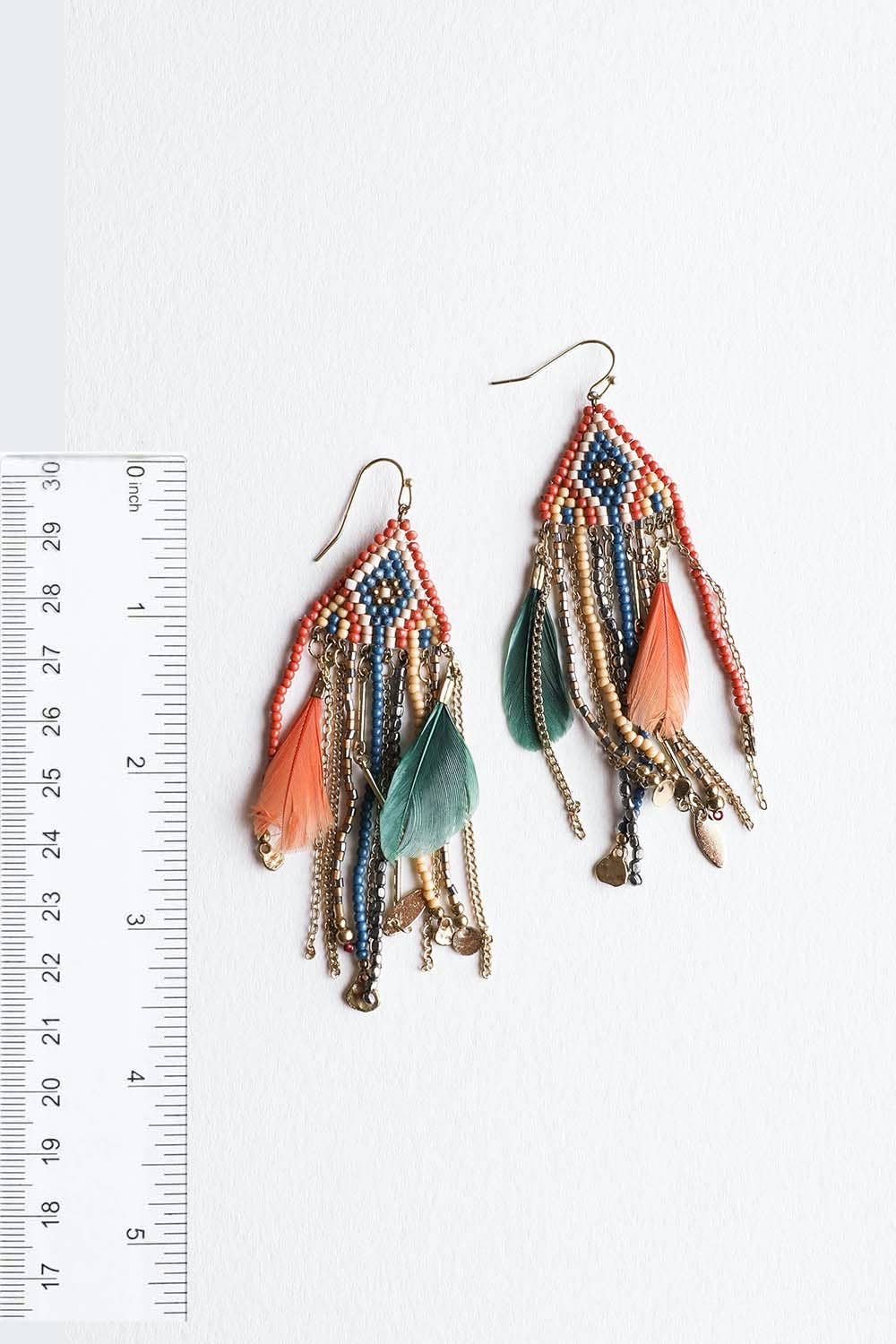Colorful Mixed Bead Feather Dangle Earrings 🪶: Rust