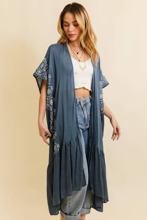 Boho Tribal Embroidered Longline Kimono: Gray/Blue