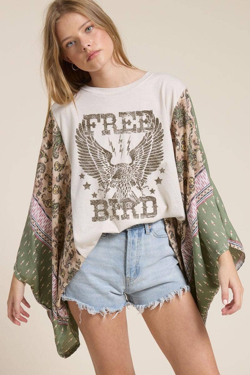 Free Bird 1 Tone Vintage Graphic Sheer Kaftan Top