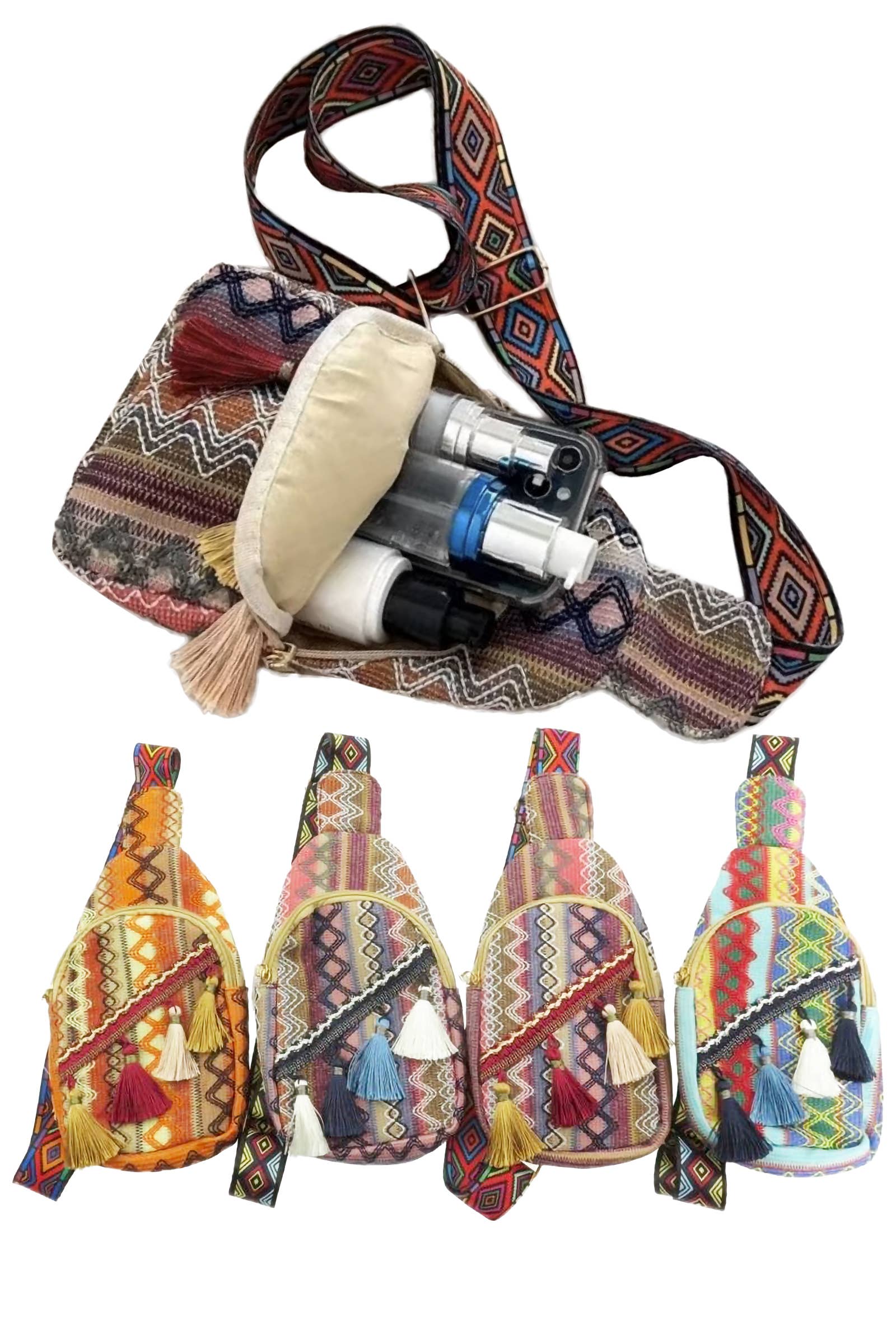 Boho Navajo Baja Tribal Woven Tassel Sling Bag - Assorted