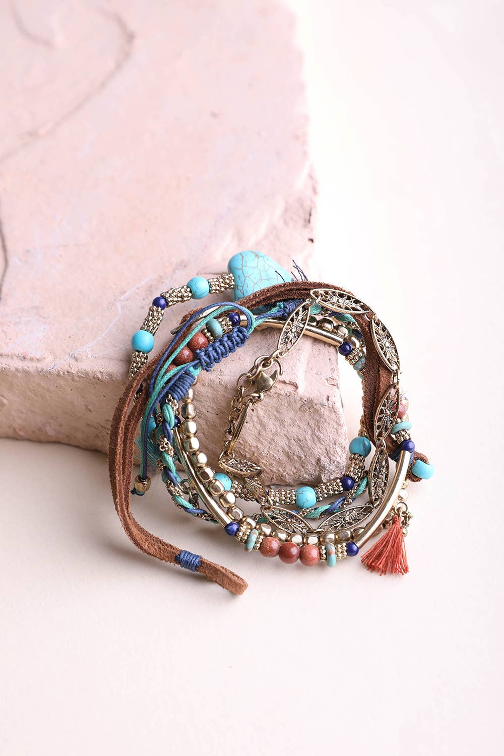 Turquoise Stackable Suede Bracelet - Beads & Natural Stone: Turquoise