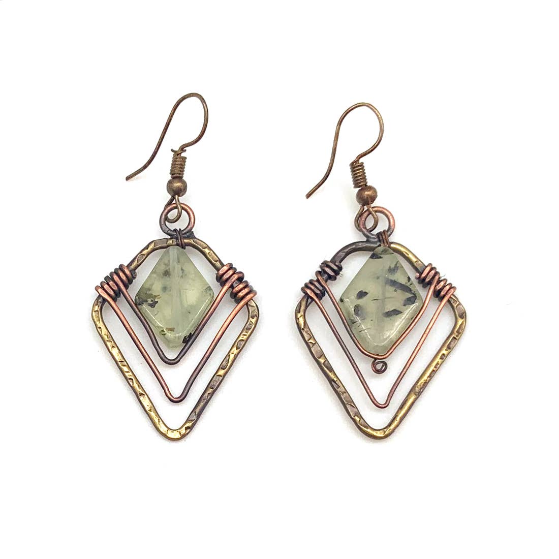 Handmade Antique Brass Wire Wrapped Prehnite Earrings
