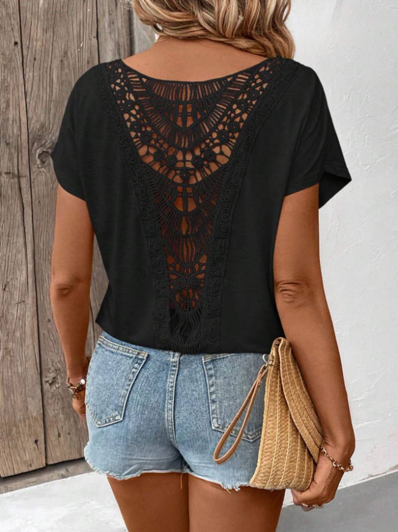 Backless Crochet Short-Sleeve T-Shirt Casual Top: Black