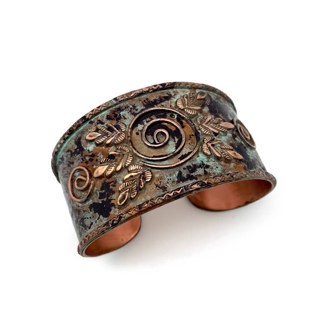 Leaf Shapes and Spirals Turquoise Copper Patina Cuff