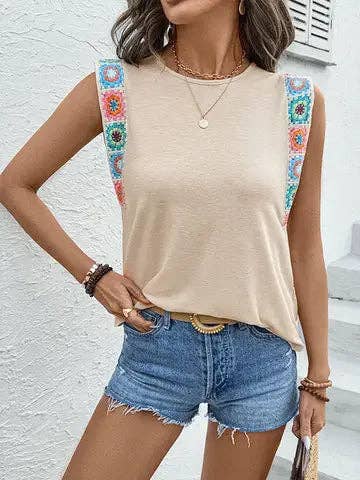 Boho Embroidered Strap Sleeveless Tank Top for Summer: Apricot