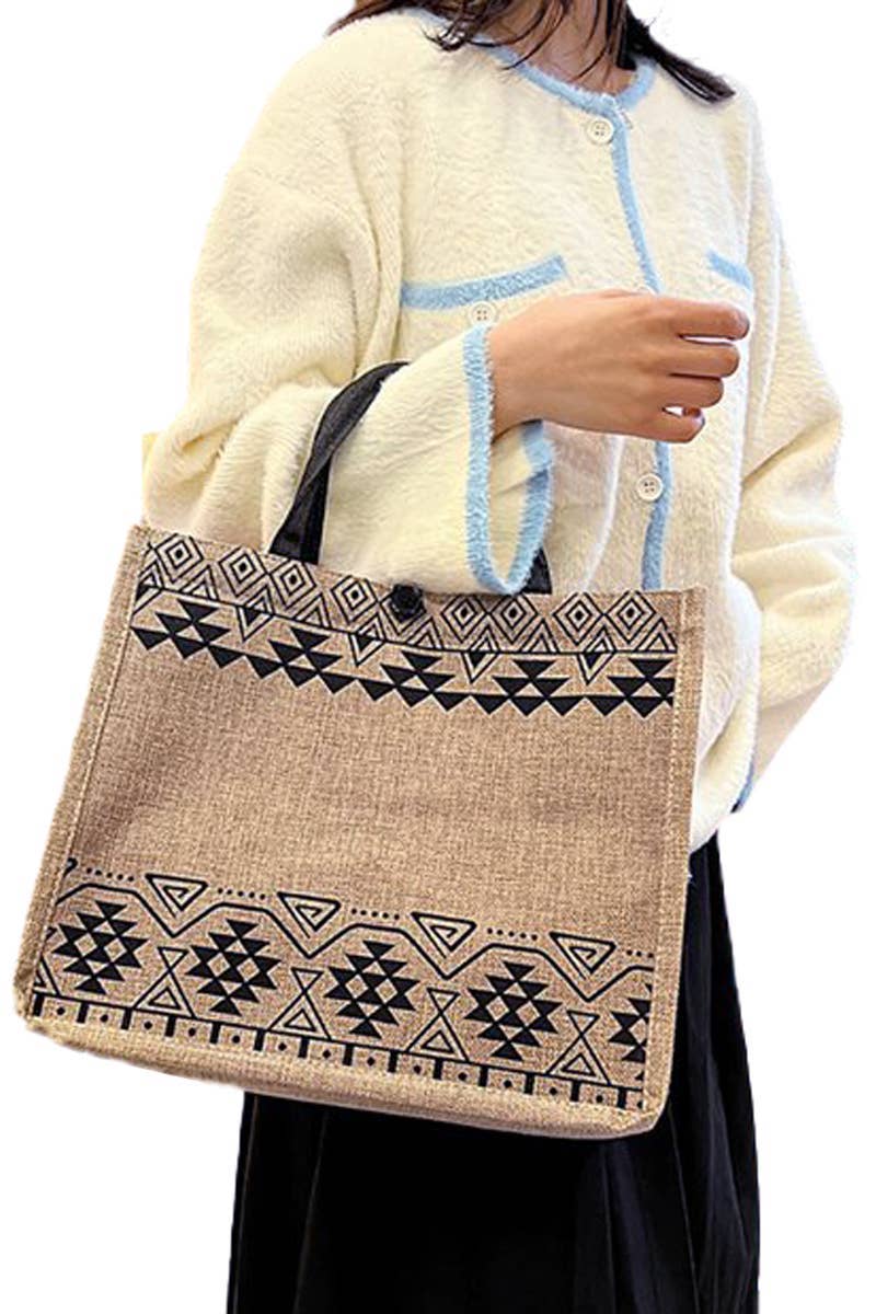 Assorted Boho Tribal Print Burlap Box Tote Beach Bag