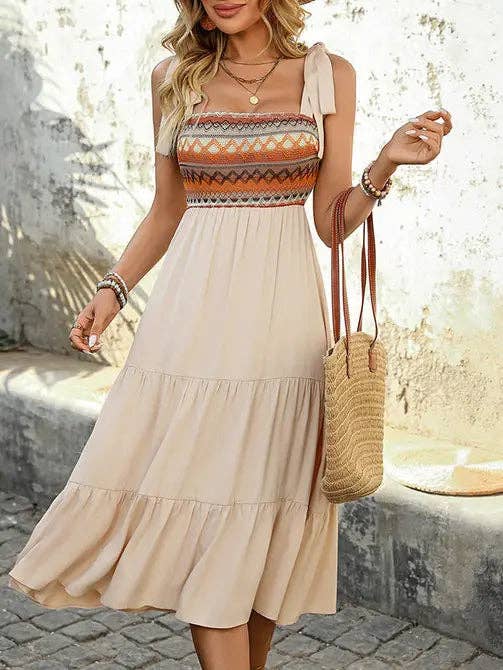 Boho Smocked Bodice Midi Dress with Tie Shoulder Straps: Apricot