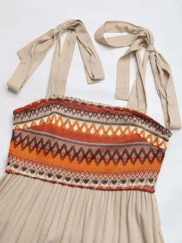 Boho Smocked Bodice Midi Dress with Tie Shoulder Straps: Apricot