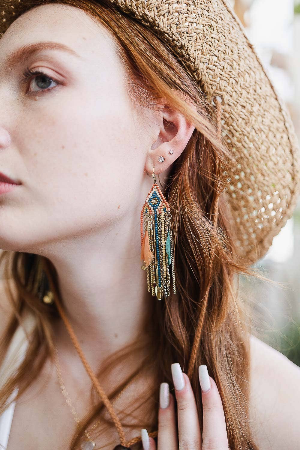 Colorful Mixed Bead Feather Dangle Earrings 🪶: Rust
